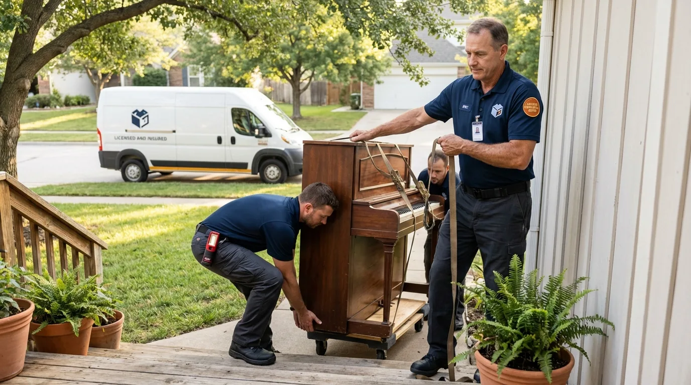 Licensed piano movers securing grand piano in Bridgton, ME