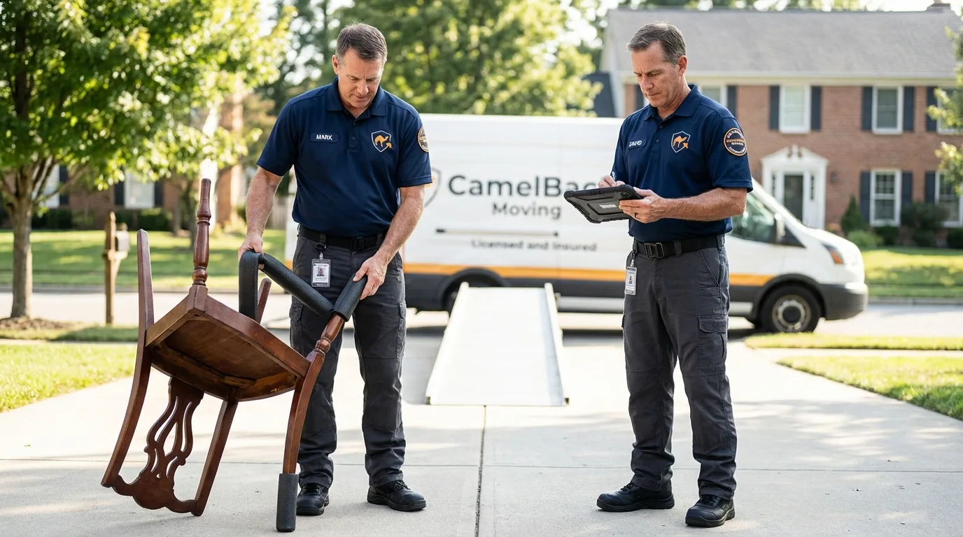 Movers inspecting furniture for damage prevention before loading in Bridgton, ME