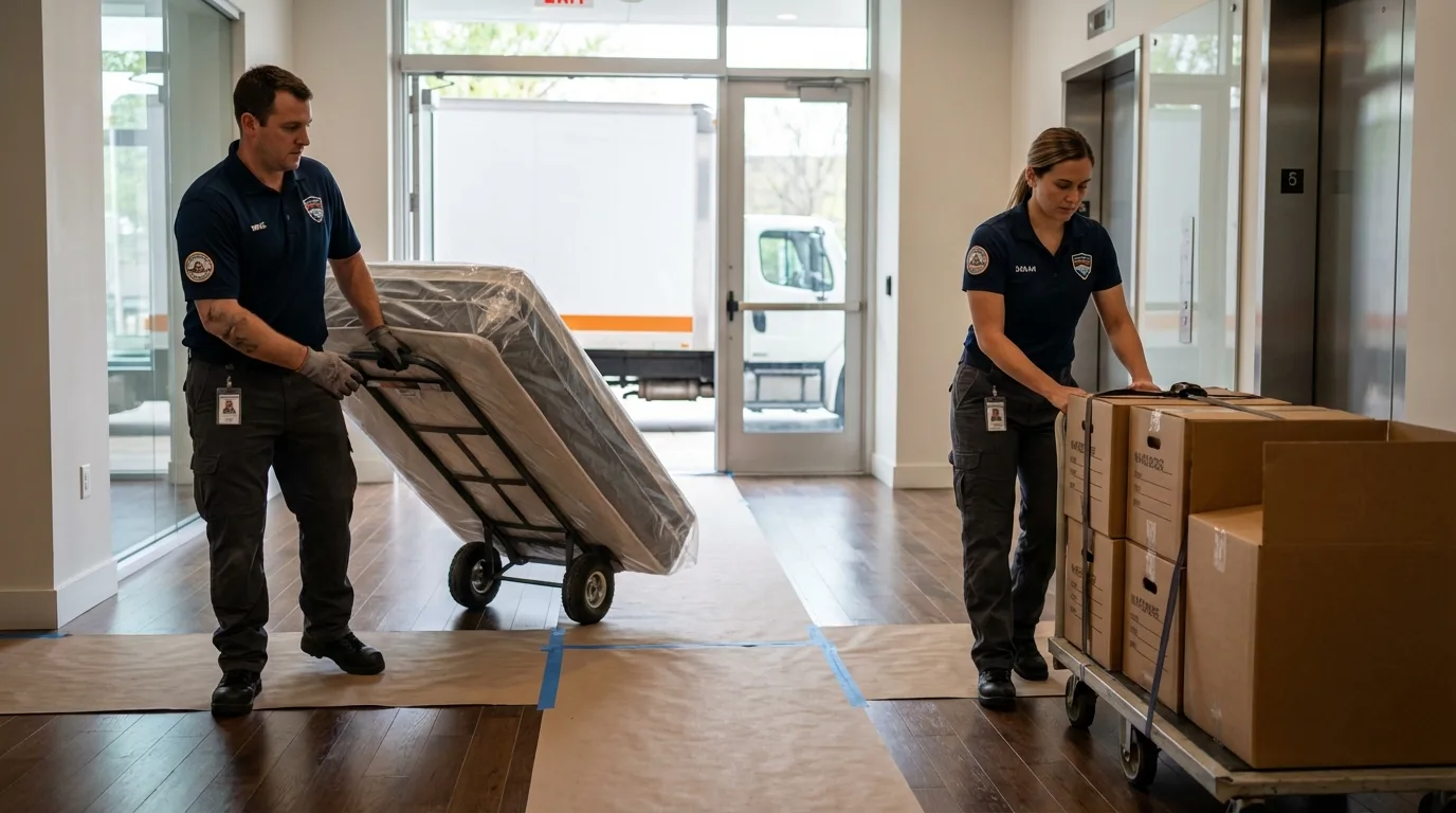 Professional apartment movers loading elevator in Bridgton, ME