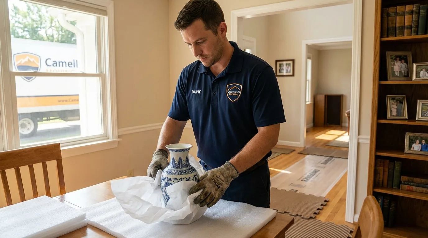 Professional crew carefully wrapping antique vase for senior downsizing move in Bridgton, ME