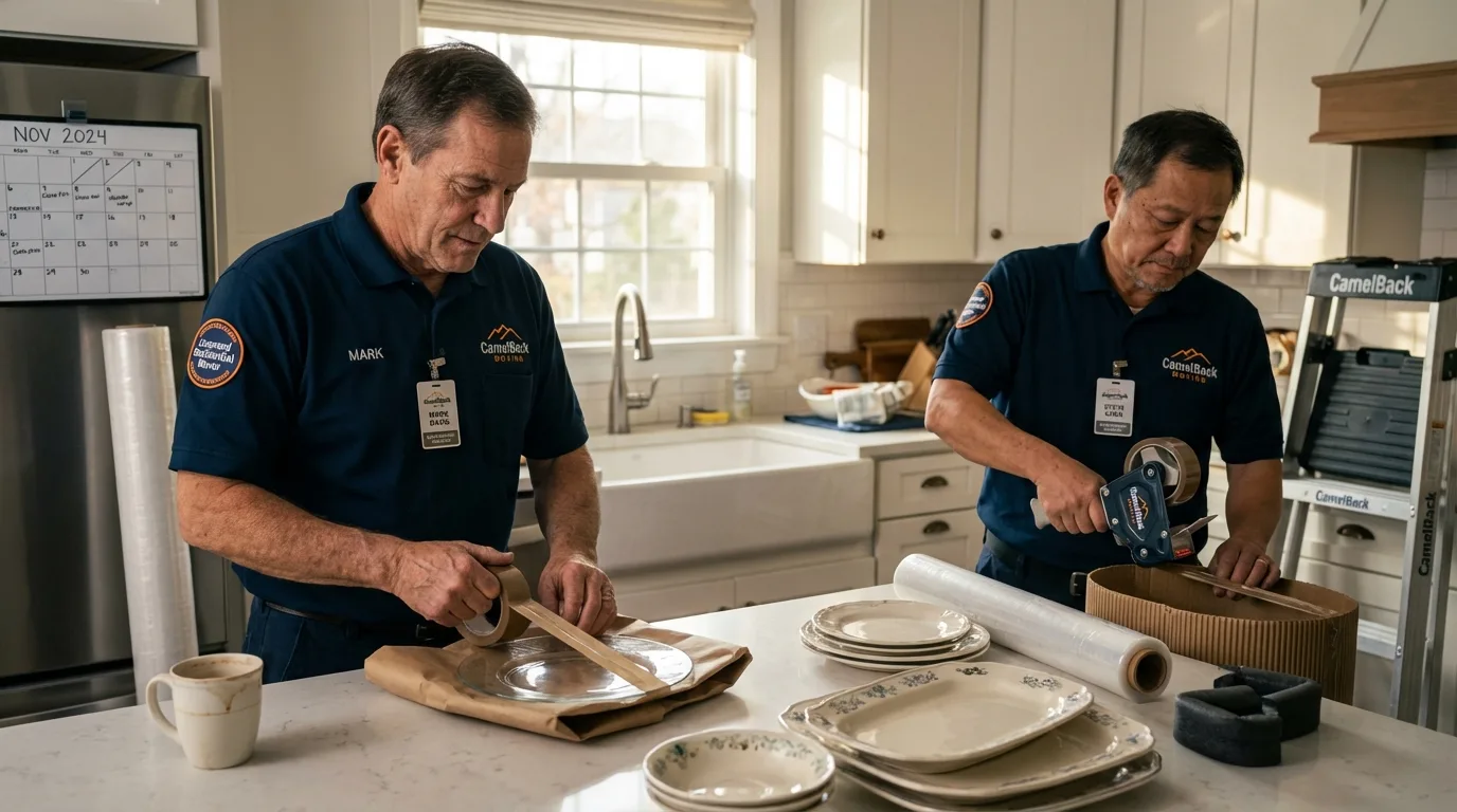 Professional crew packing kitchen dishware in Bridgton, ME